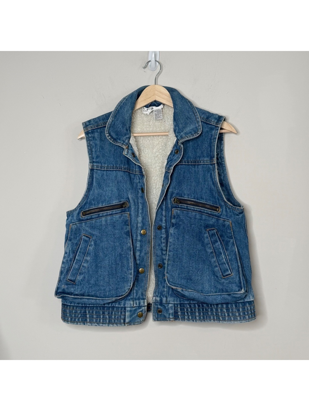 Vintage Sherpa Lined Denim Utility Vest Blue Jean Workwear 80s 90s